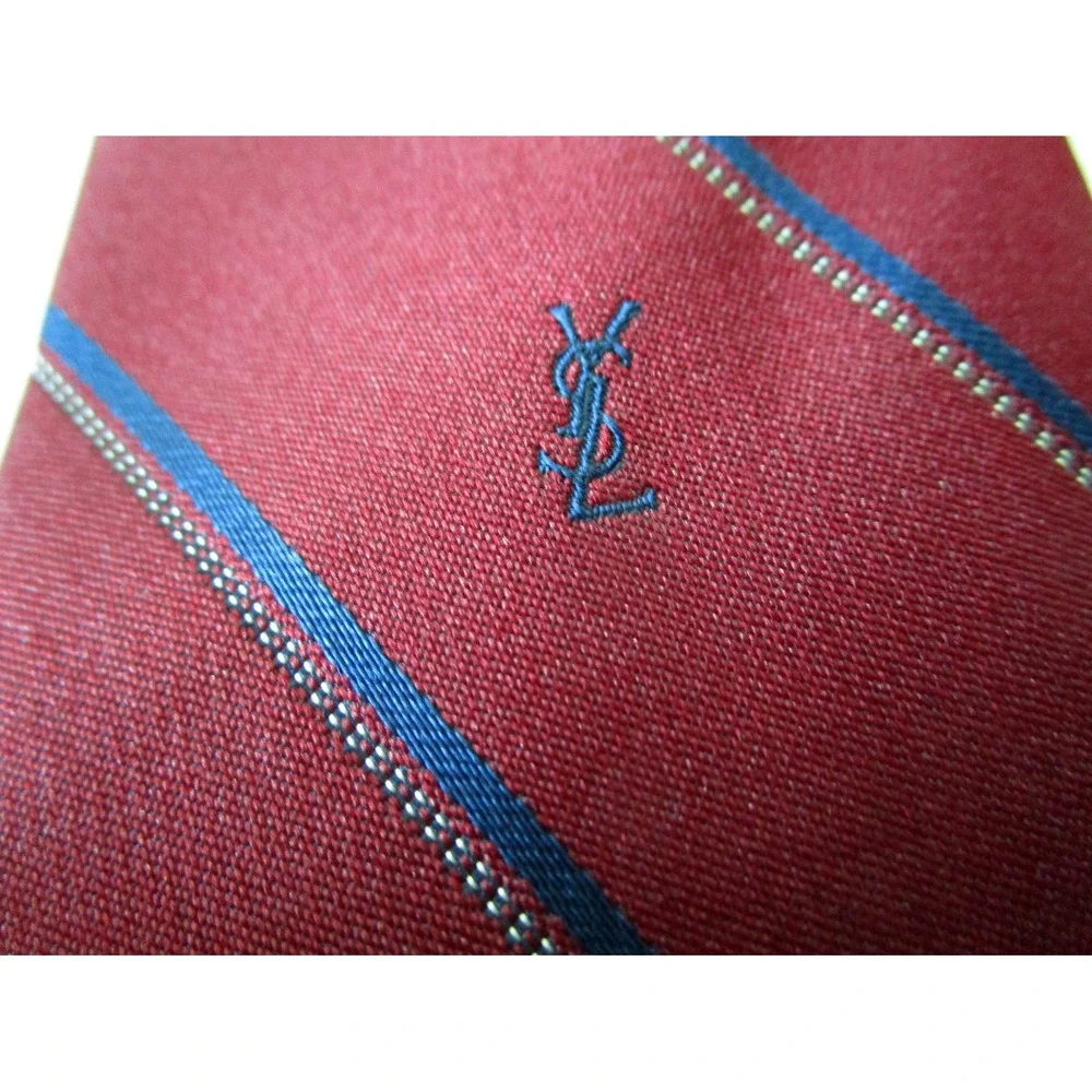 Yves Saint Laurent YSL Men's Burgundy Blue Stripe Tie Vintage